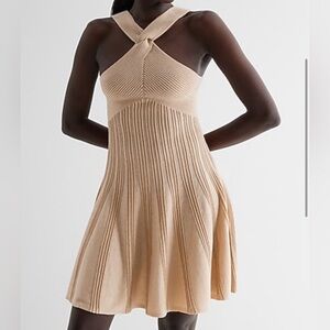 NWT Express Metallic Ribbed Twist Halter Neck Fit And Flare Sweater Dress